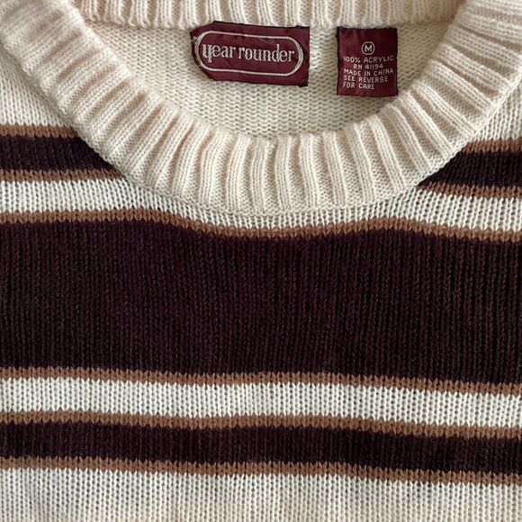Vintage Year Rounder Sweater Men’s Medium Tan Striped Pullover Sweater - Picture 6 of 13